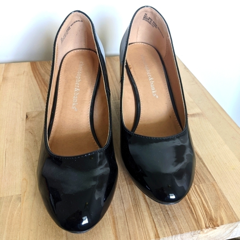 CHRISTOPHER and Banks Black Patent Leather Wedge Shoes 6.5 Pumps